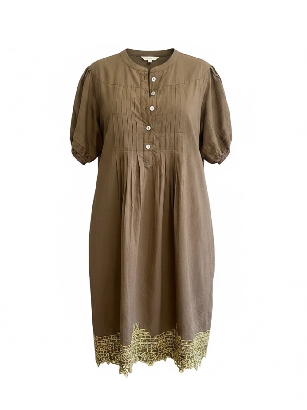 Olive Green Midi Dress with Lace Trim and Pintuck‎ Front Journal cotton Lined